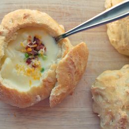 loaded baked potato soup in homemade bread bowls