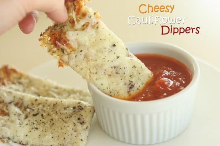 cauliflower breadsticks dipped in marinara sauce