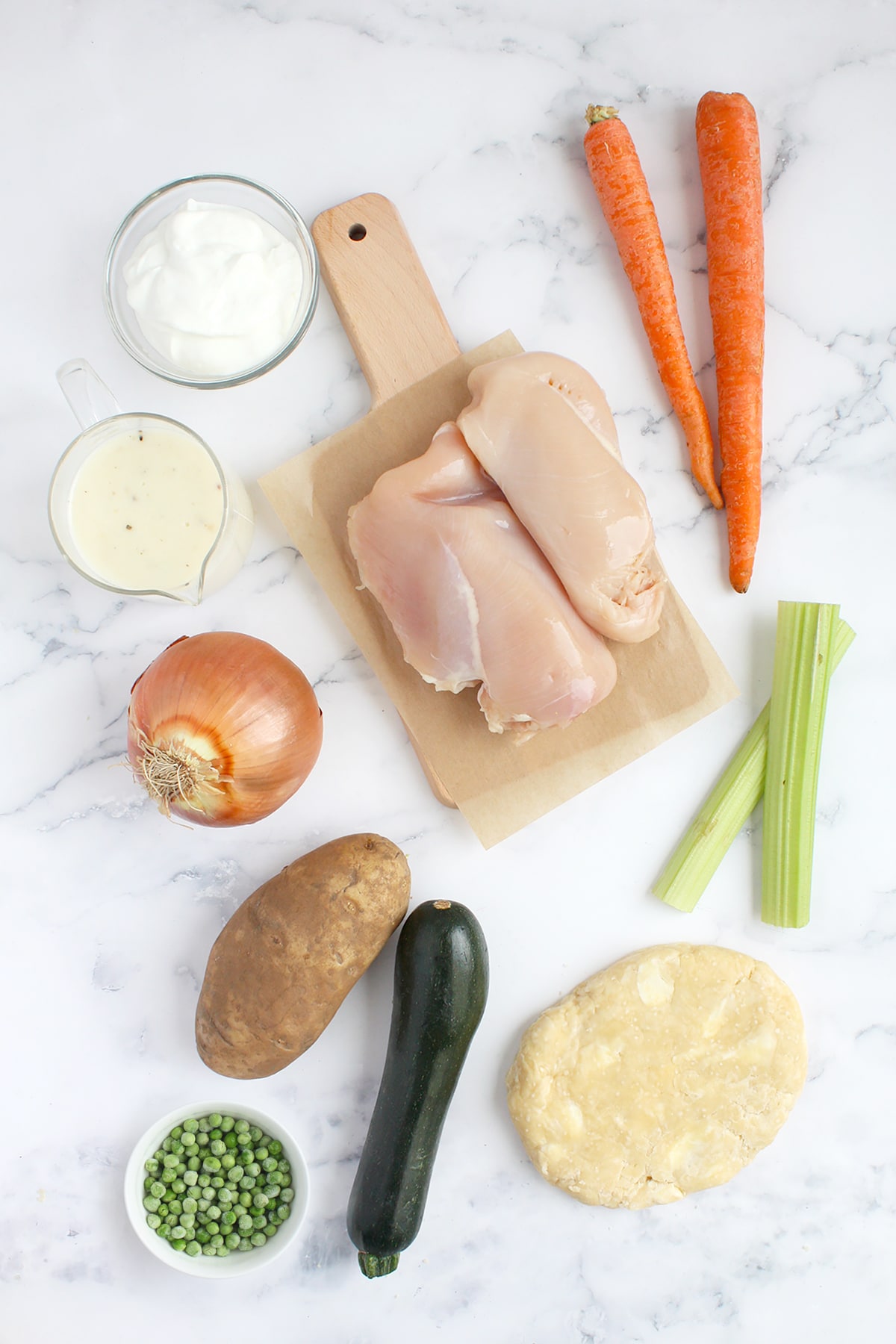 Ingredients you need to make homemade chicken pot pie.