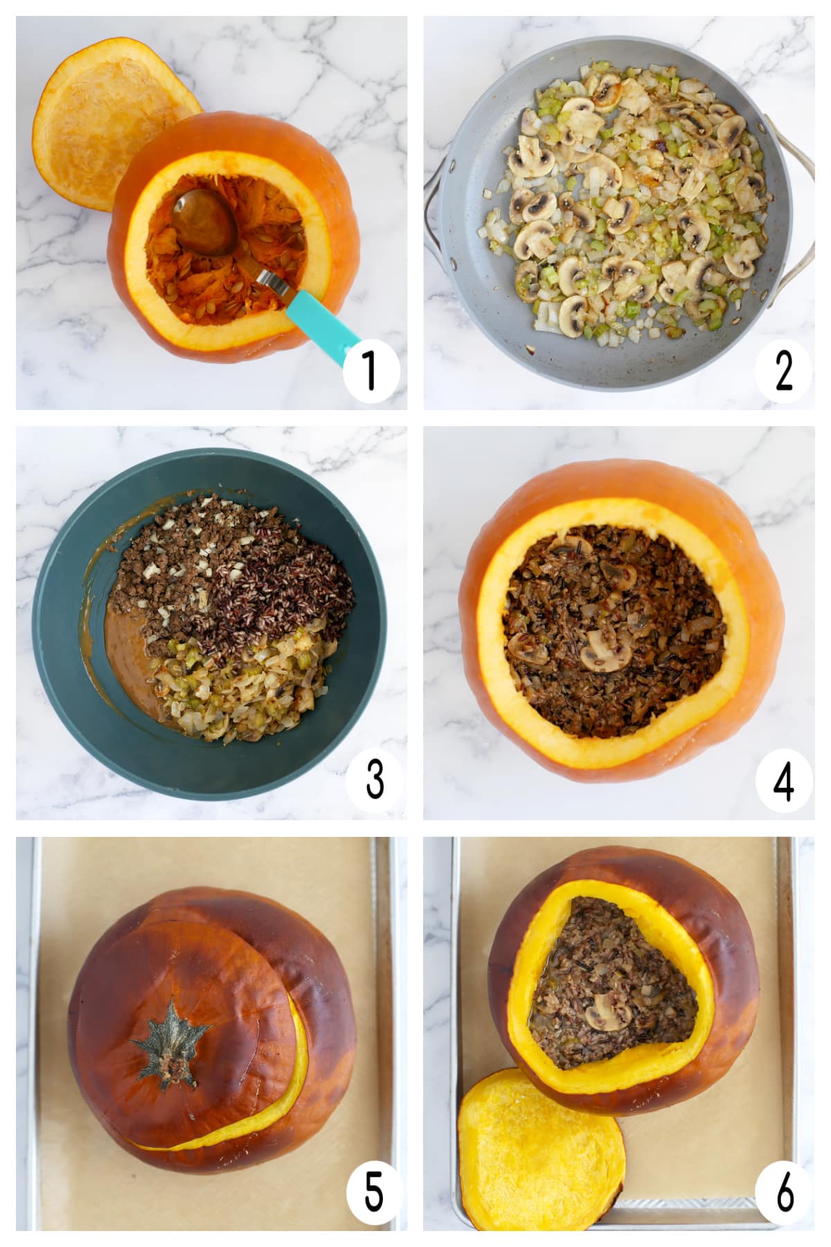 Process shots showing how to make dinner in a pumpkin.
