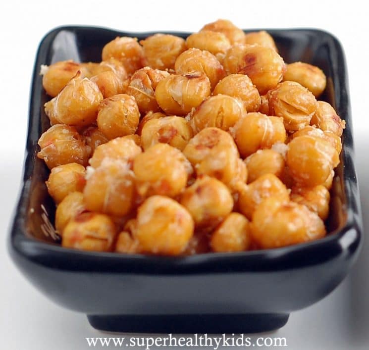 black bowl filled with roasted chickpeas