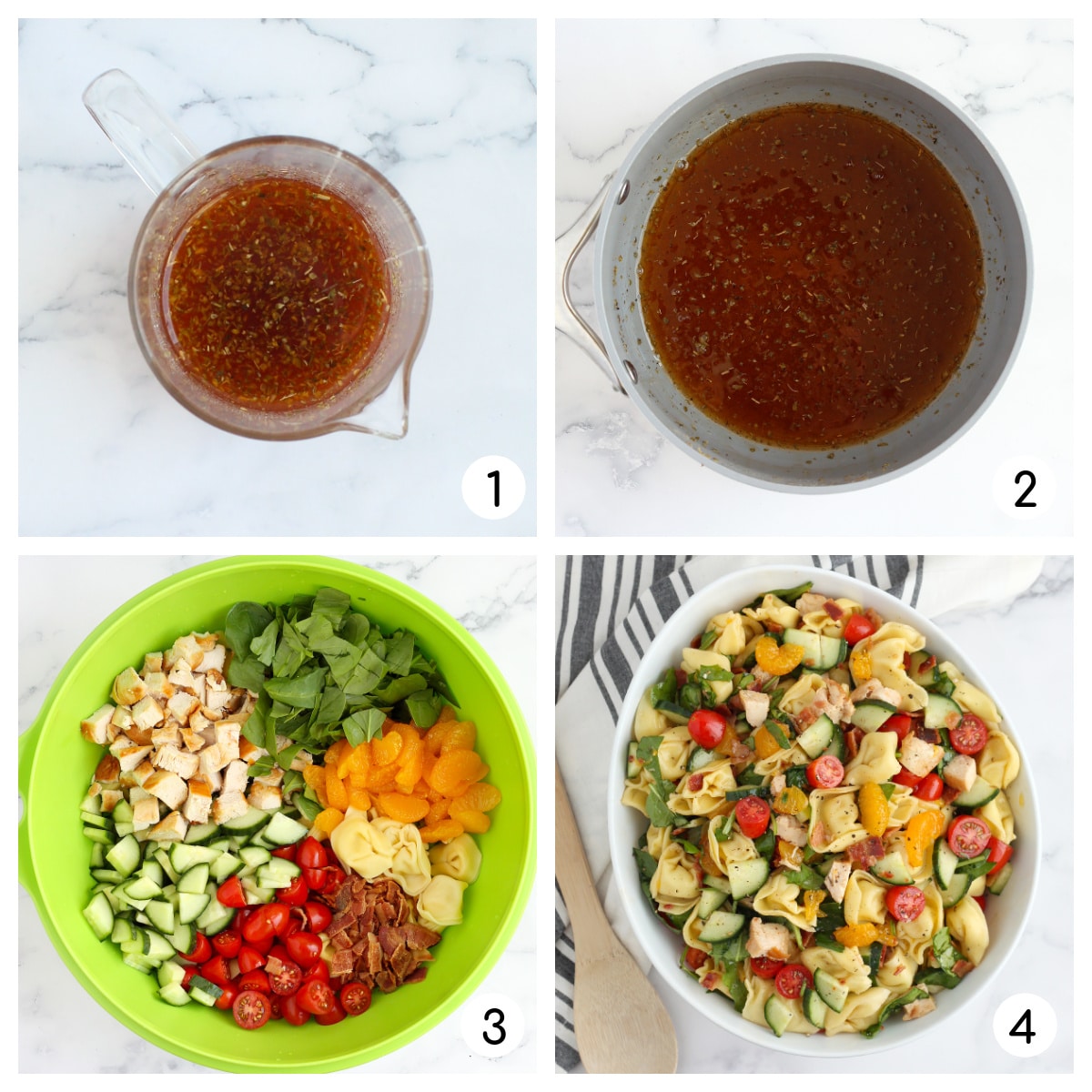 Process shots showing how to make tortellini pasta salad.