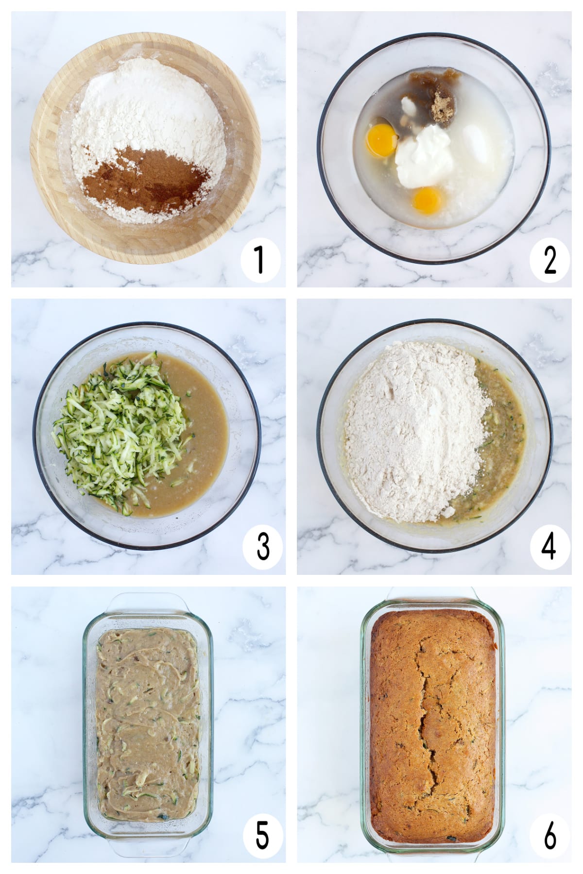 Process shots showing how to make zucchini bread.